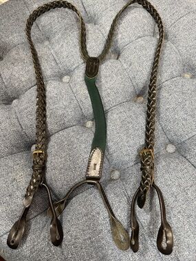 Polo by Ralph Lauren Black Braided Leather Suspenders with Green Elastic Y-Back